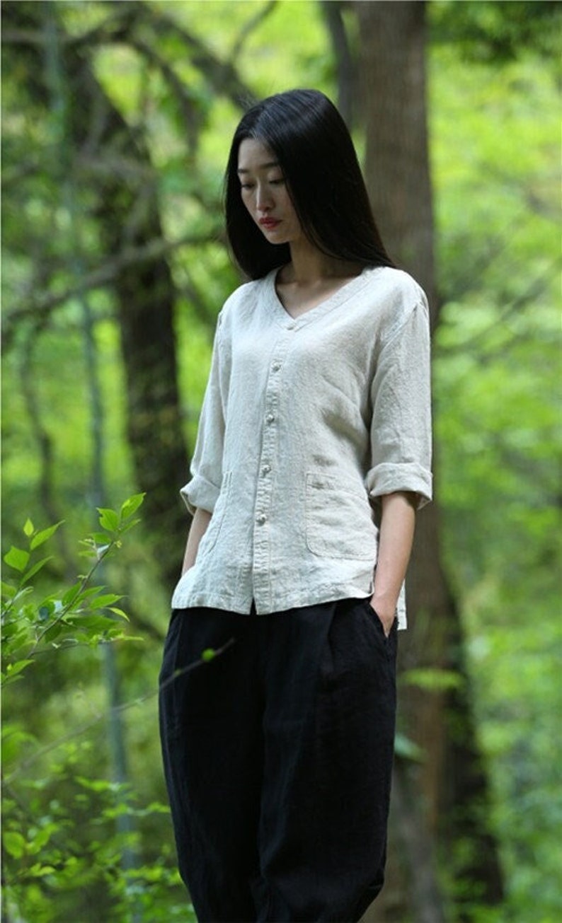 Pure Linen Top for Women Long Sleeve V Neck Linen Shirt Linen Coat ...