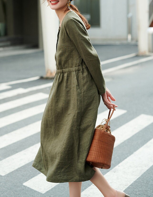 Women's dresses casual linen dress with pocket custom made loose dress midi dress with belt 100% linen clothing plus size dress F447