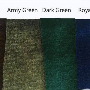 May include: Nine fabric swatches in different colors: black, peacock blue, brown, army green, dark green, royal blue, gray, and burgundy.