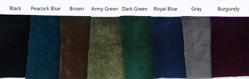 May include: Nine fabric swatches in different colors: black, peacock blue, brown, army green, dark green, royal blue, gray, and burgundy.