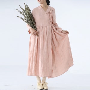Women&#39;s dress with belt custom cotton dress long sleeves dress casual loose dress pleated lace-up dress vintage dress for women F181