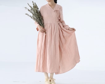 Vestido de mujer con cinturón, vestido de algodón personalizado, vestido de manga larga, vestido casual suelto, vestido plisado con cordones, vestido vintage para mujer F181