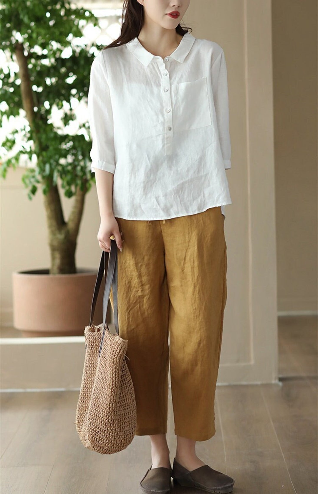 Women Linen Shirts Half Sleeves Tunic Tops Linen Blouse Linen Crop Top