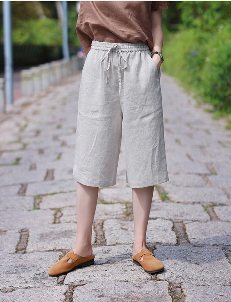Summer linen shorts high waist straight shorts loose casual short pants with pockets 100% linen clothing women natural linen shorts F187