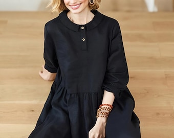 Women&#39;s linen dress Linen home wear long sleeves midi dress plus size clothing linen maxi dress with pockets loose fitting dress boho F341