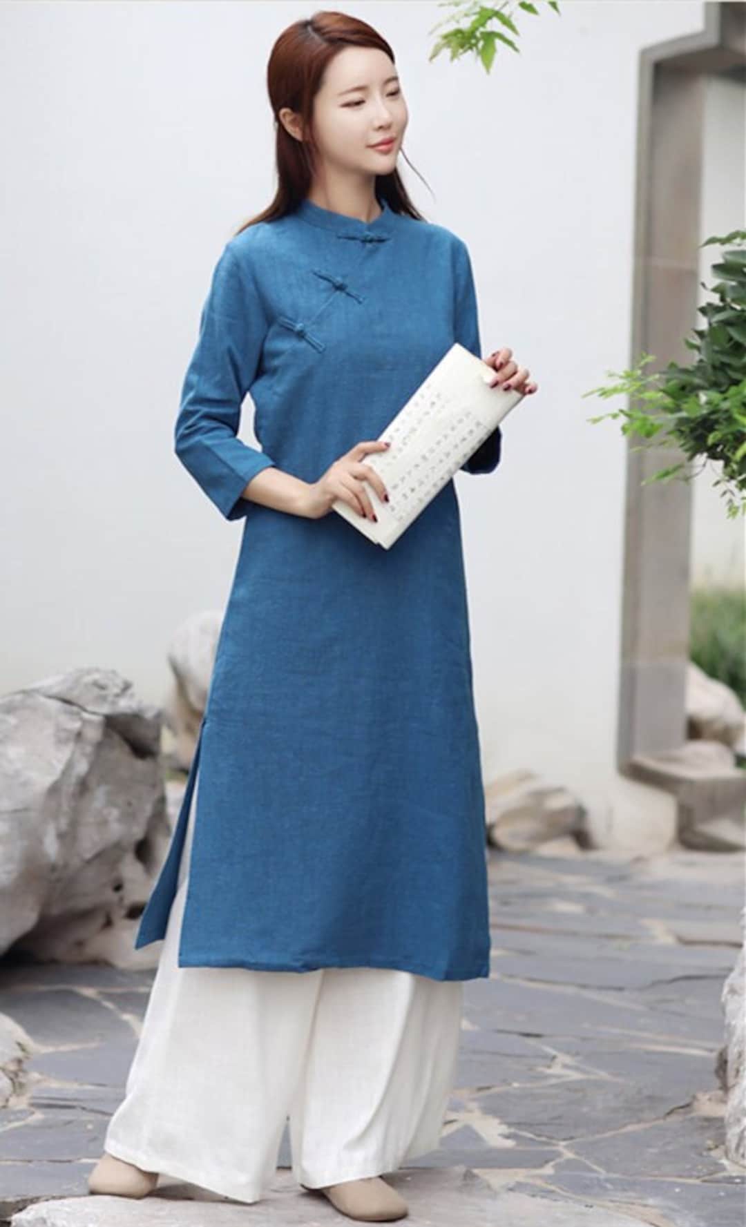 Chinese Style Loose Cotton Linen Brushed Dresses For Women 1363