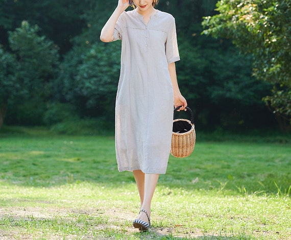 Robe Longue En Lin Pour Femme – Col En V, Manches Courtes, Fluide Et Décontractée – Taille S à 2XL