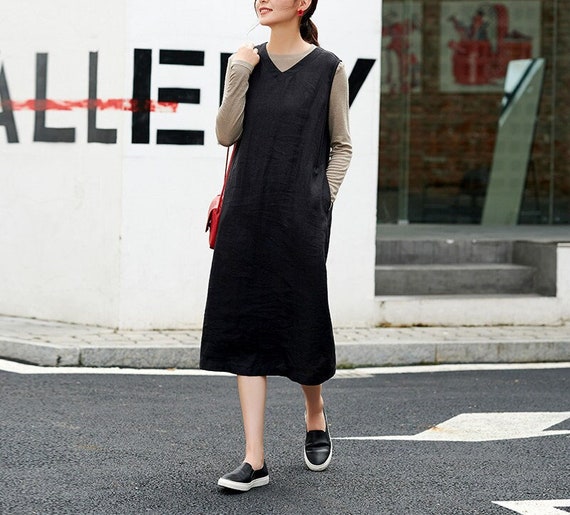 Linen Dress with Pockets Casual Midi Dress for Women Sleeveless Dress 100% Linen Clothing Plus Size V-Neck Dress Loose Fitting Clothing F130