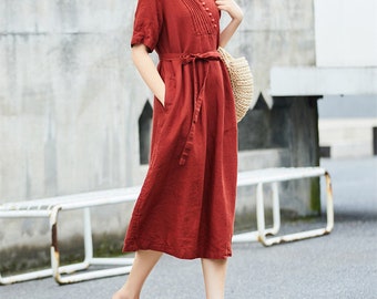 Linen dresses for women Linen long dress flax clothing loose midi dress linen short sleeve dress plus size dress summer dress with belt N39