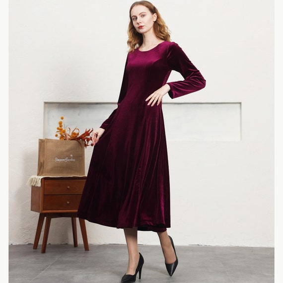 Women velvet dress vintage long dress velvet tunic dress oversized winter long sleeves dress wedding bridesmaid dress plus size dress R19Y