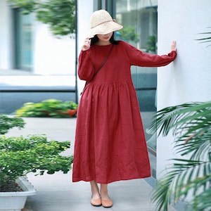 Vestidos de lino para mujer, vestido de túnica de lino de manga larga, ropa de lino de primavera, vestido maxi personalizado de gran tamaño suelto más ropa de talla F93