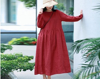 Linen dresses for women, long sleeves linen tunic dress, spring linen clothing,loose oversized custom maxi dress plus size clothing F93