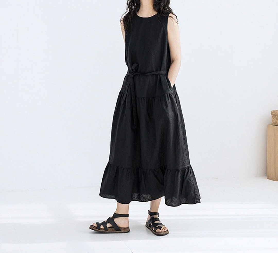 Women Linen Dress Sleeveless Pure Linen Dress Loose Linen Clothing