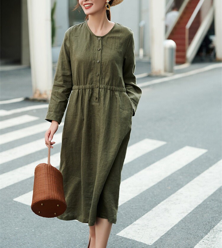 Women's dresses casual linen dress with pocket custom made loose dress midi dress with belt 100% linen clothing plus size dress F447