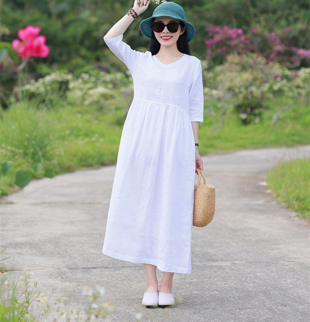 linen pocket retro dress Bohemian Linen Dress,Half Buttoned,Pocket Dress,Boho Style,Summer Dres puresunlady