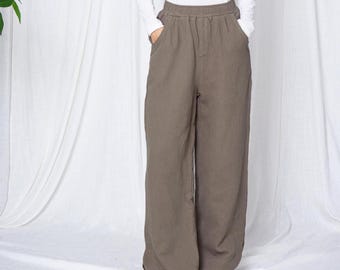 Cotton Linen Wide Leg Pants Elastic Waist Casual Trousers Flowy Full Length Linen Long Pants Women Clothing Plus Size M144
