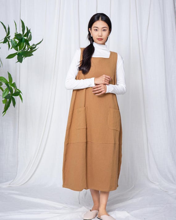 Fall Winter Linen Cotton Pinafore Dress Loose Casual Sleeveless Dress Wide Strap Midi Dress Women Clothing Large Size M163
