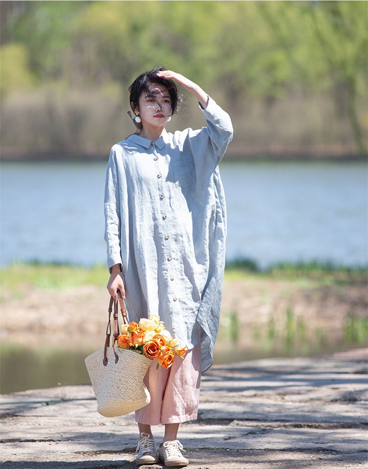 Linen Long Shirt Loose Fit Women Linen Shirt Dress Summer