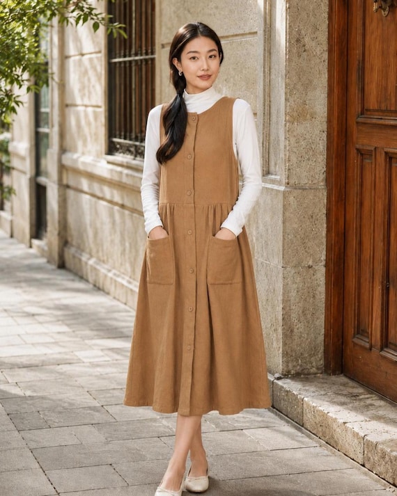womens cotton pinafore dress Women's Linen Dress, Button Front Sleeveless Midi for Layering with Large Patch Pockets, Plus size fall clothing F824 Apron Color:Light gray 2-CP & CO HB Trend Alert: Sexy Online Clothing Store.