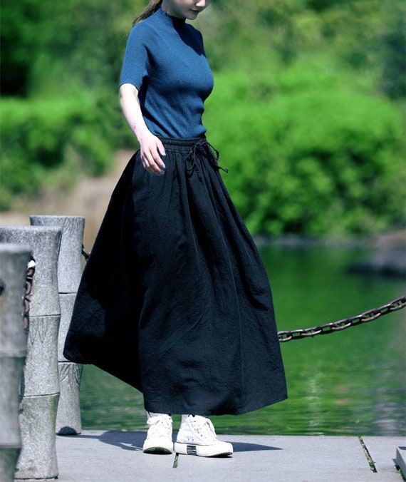 Linen Maxi Skirt With Pockets Women's Half Length A Line Skirt