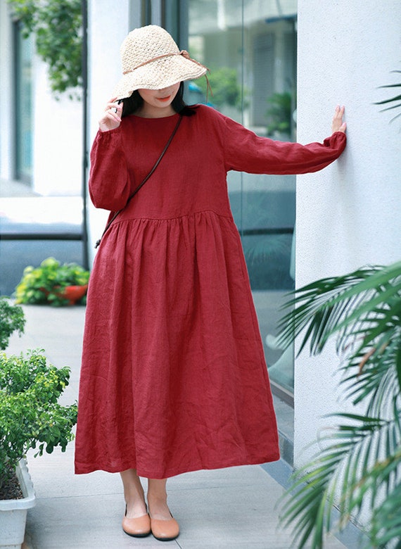 Buy Linen Dresses for Women Long Sleeves Dress Plus Size Clothing A-line  Dress Casual Loose Custom Fall Winter Dress Linen Maxi Dress F93 Online in  India - Etsy
