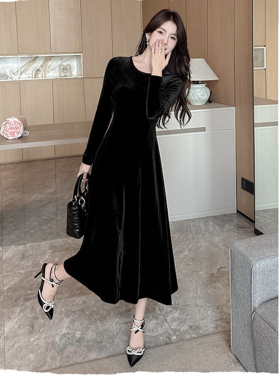 Fall Velvet Dress for Women Velvet Long Sleeves Midi Dress Black Formal Dress Vintage 1950 s Dress Bridesmaid Dresses Plus Size Dress R19 Etsy UK