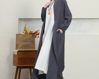Women cotton linen long jacket, thicker long sleeve coat, open front coat, linen maxi windbreaker, vintage style plus size clothing F286