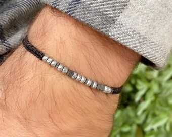 Bracelet hématite code Morse, cadeau bijou commémoratif personnalisé