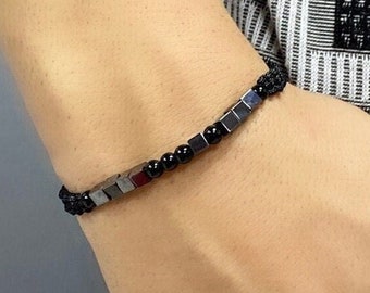 Personalized Black Onyx Morse Code Bracelet, Mens Beaded Jewelry