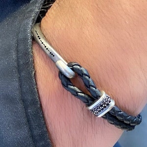 Custom Morse Code Leather Bracelet for Men • Silver Hook Engraved Bracelet • Personalized Gift for Husband • Nautical Anniversary Jewelry