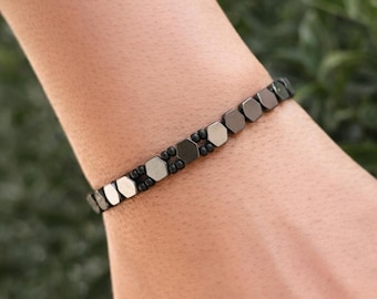 Mens Hematite & Black Onyx Beaded Bracelet, Braided Gemstone Jewelry