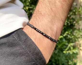 Personalized Morse Code Bracelet: Onyx & Hematite Macrame - Custom Message