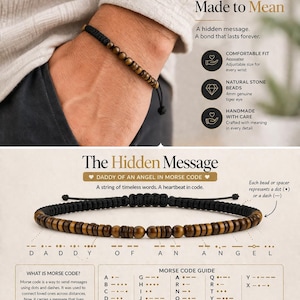 May include: A black and brown beaded bracelet with the text "DADDY OF AN ANGEL" in Morse code. The bracelet features natural stone beads and is adjustable. The image also includes text about Morse code.