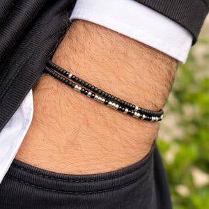 Custom Morse Code Beaded Bracelet, Black Onyx Silver Mens Memorial Jewelry