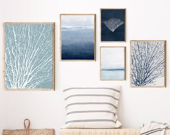 Coastal Gallery Wall Above Bed, Beach Print Set for Coastal House, 5 Piece Wall Art, Blue Home Decor, Calming Wall Decor for Beach House