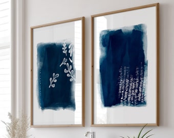 Navy blue coastal wall art, Beach house decor, Dark blue watercolor art, Gallery wall set, Set of 2 wall art, Downloadable prints