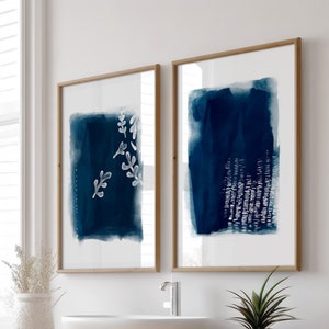 Navy blue coastal wall art, Beach house decor, Dark blue watercolor art, Gallery wall set, Set of 2 wall art, Downloadable prints