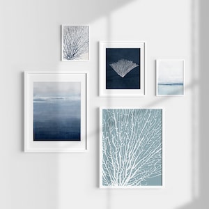 Coastal Gallery Wall Above Bed, Beach Print Set for Coastal House, 5 Piece Wall Art, Blue Home Decor, Calming Wall Decor for Beach House image 2