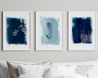 Beach wall art for livingroom, Triptych wall art, Navy Blue Prints, Coastal Bedroom Decor, Watercolor print, Digital Art