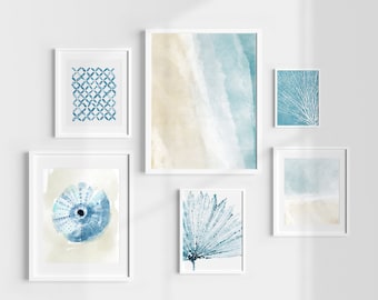 Coastal Gallery Wall Art, 6 Pieces Wall Decor, Beach House Print, Unique Coastal Gift for Women, Over Bed Wall Art, Ascetic Beige Blue Pics