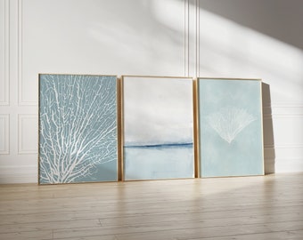 Küstenwandkunst für Strandhaus, 3-teilige Wandkunst, Korallendrucke, Galeriewand, Herunterladbare druckbare Kunst für die Küste