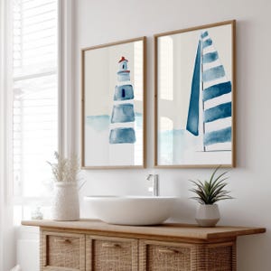 Galerie Wanddrucke - Küstendekor für Badezimmer, Beachy Wandkunst, Aquarellfarbe, minimalistische Kunst, herunterladbare Drucke, über dem Bett Dekor