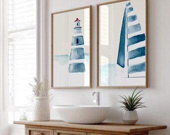 Gallery Wall Prints - Coastal Decor for Bathroom, Beachy Wall Art, Watercolor Paint, Minimalist Art, Downloadable Prints, Above Bed Decor