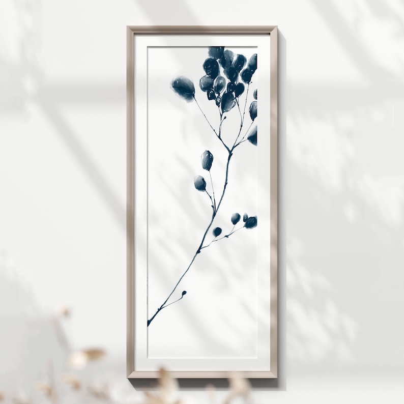 Long Narrow Wall Art, Botanical Art Print Download, Navy Blue Japandi