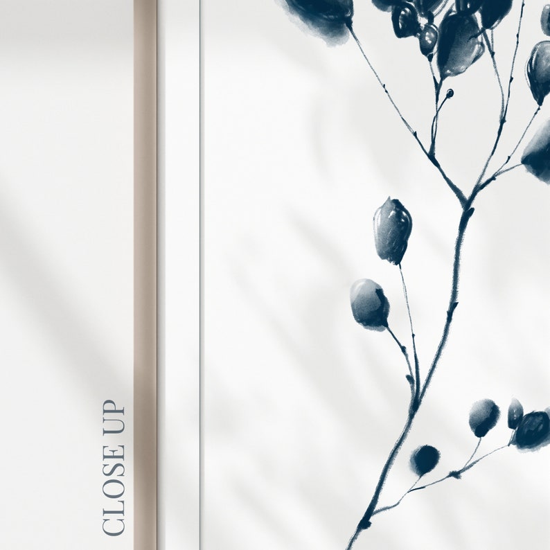 Long Narrow Wall Art, Botanical Art Print Download, Navy Blue Japandi
