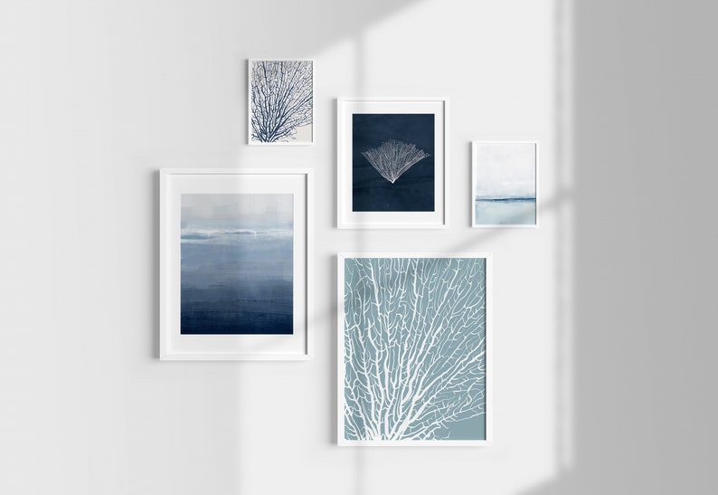 Coastal Gallery Wall Above Bed, Beach Print Set for Coastal House, 5 Piece Wall Art, Blue Home Decor, Calming Wall Decor for Beach House image 2