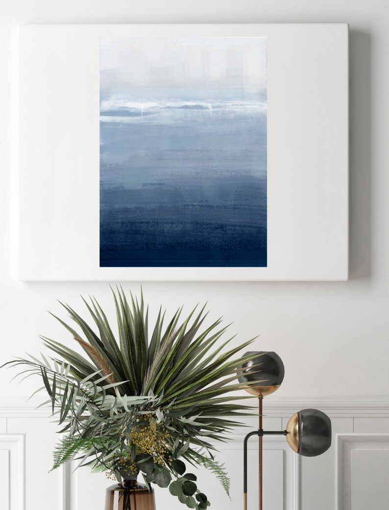 Abstract Coastal Landscape, Navy Blue Home Decor, Cottage Coastal Wall ...