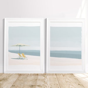 Strandafdrukken, set van 2 afdrukken, abstracte kustafdruk, minimalistische kunstwerken, vrouwelijke muurkunst, strandposter, strandgalerij, digitale download