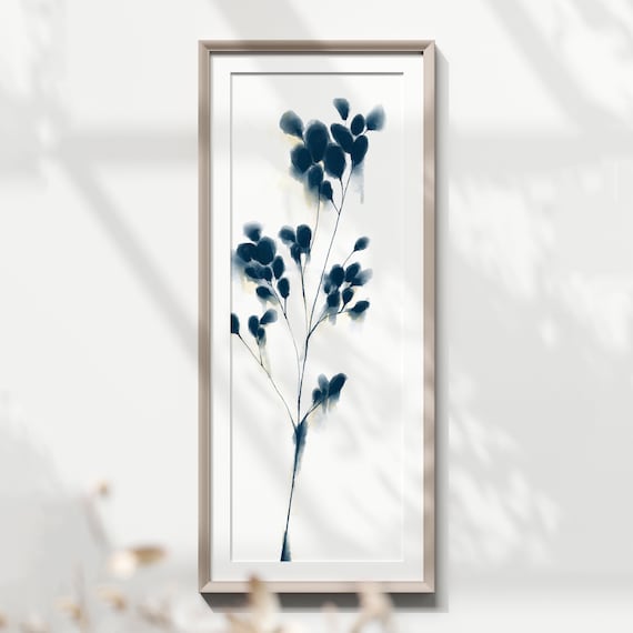 Long vertical art, Abstract floral art print, Original watercolor painting, Narrow tall wall decor, Botanical navy blue