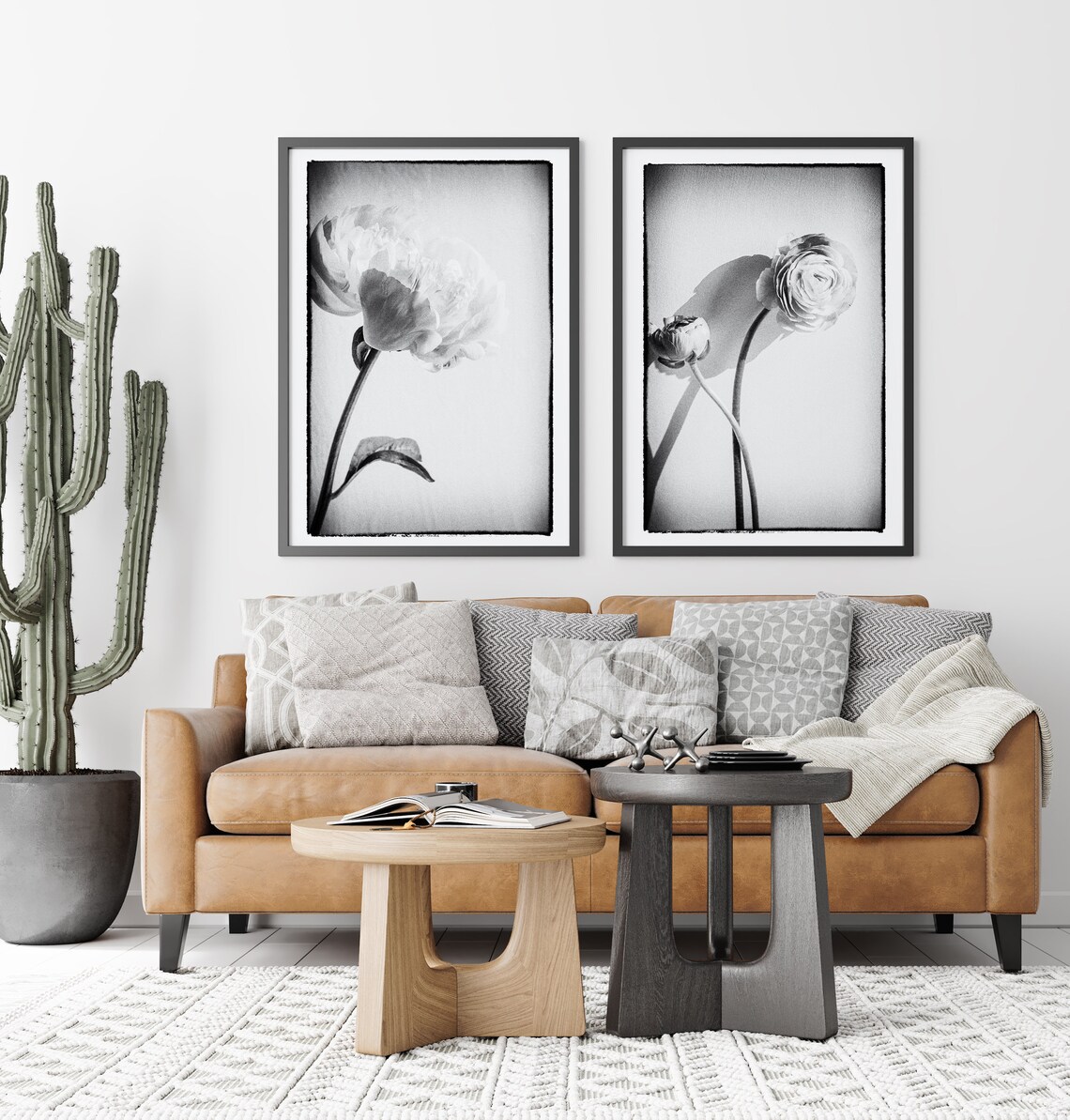 Set of 2 Black White Print Flower Wall Art Black White Etsy